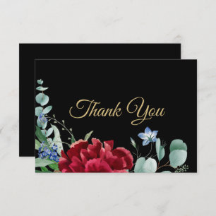 Wedding Red Flower Green Leaves Golden Frame Black Thank You Card