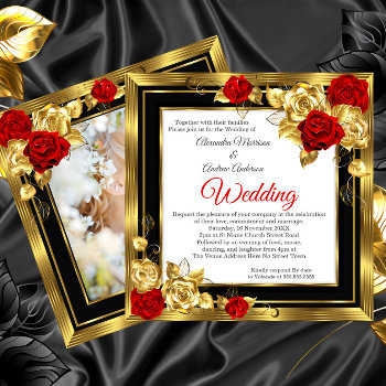 Wedding Red Gold Roses Black Gold Photo Invitation by Champagne_N_Cupcakes at Zazzle