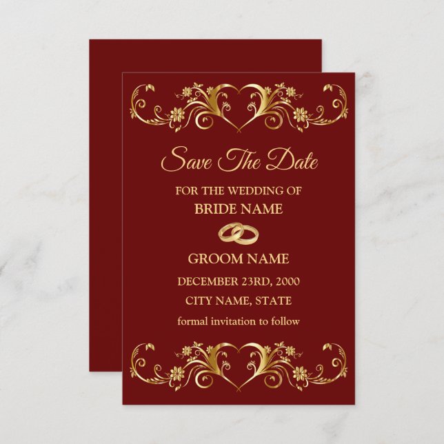 Wedding Red Golden Geometric Pattern Elegant Save The Date (Front/Back)