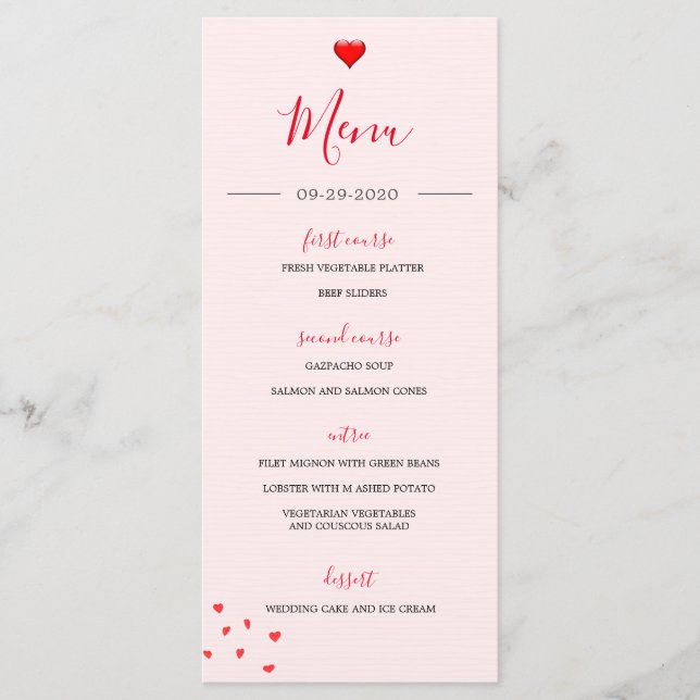 Wedding  Red Heart Modern Simple Wedding Menu (Front)