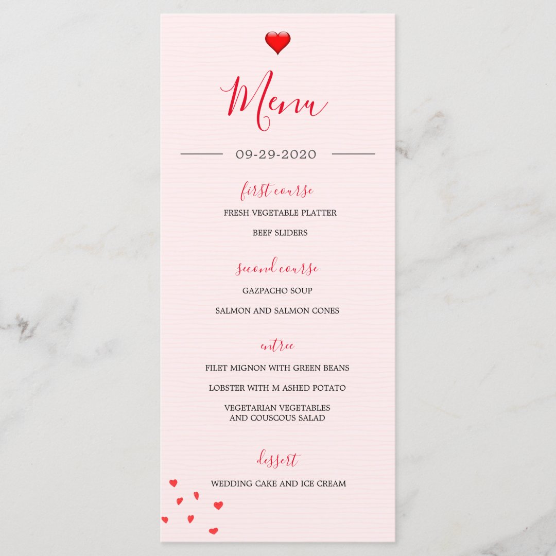 Wedding Red Heart Modern Simple Wedding Menu | Zazzle