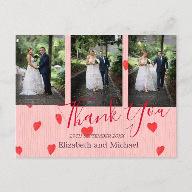 Wedding Red Heart  Modern Wedding Thank You Postcard (Front)
