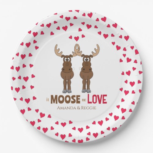 Wedding Red Hearts Cute Moose Whimsical Custom Paper Plates