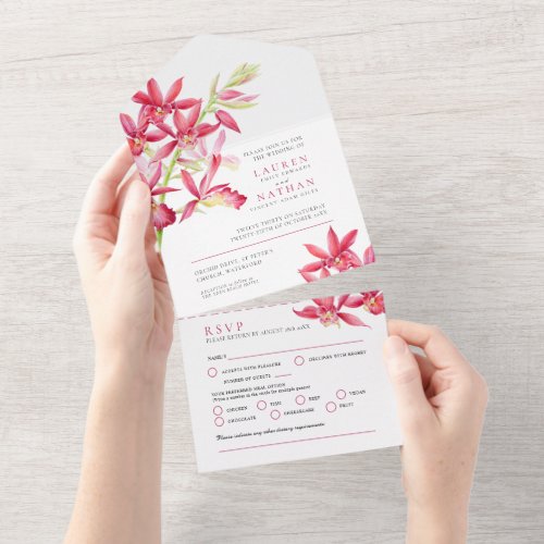 Wedding red jewel orchid watercolor meal RSVP  All In One Invitation