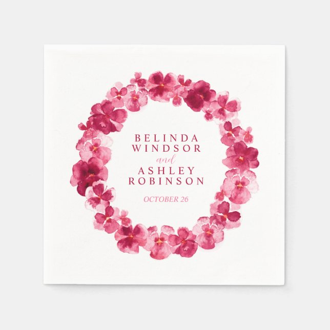 Wedding red pink pansy flower wreath custom napkins (Front)