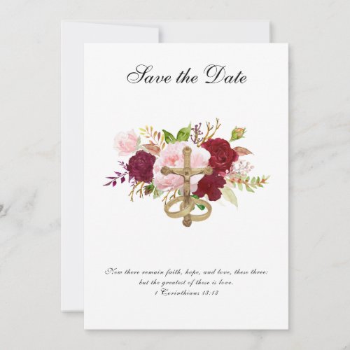 Wedding Red  Pink Roses Religious Crucifix Save The Date