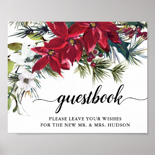 Wedding Red Poinsettia Floral Pine Guestbook Name