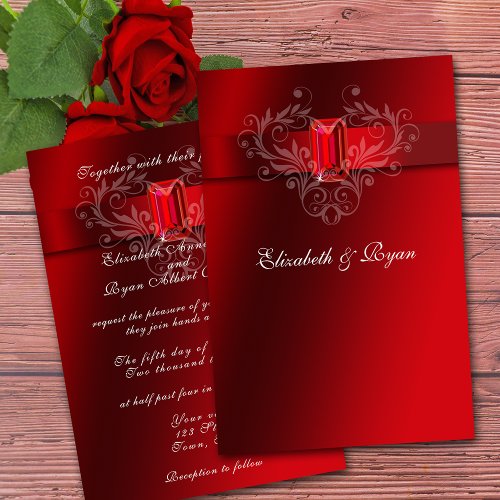 Wedding Red Satin Ribbon Sparkling Ruby Invitation
