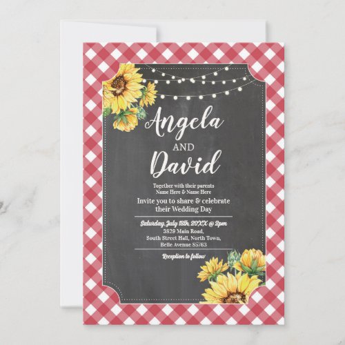 Wedding Red White Sunflower Gingham Floral Lights Invitation