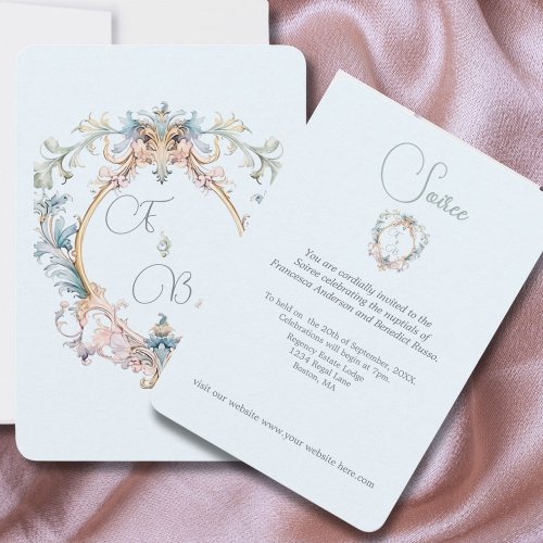Wedding Regency Blue Monogram Elegant Enclosure RSVP Card