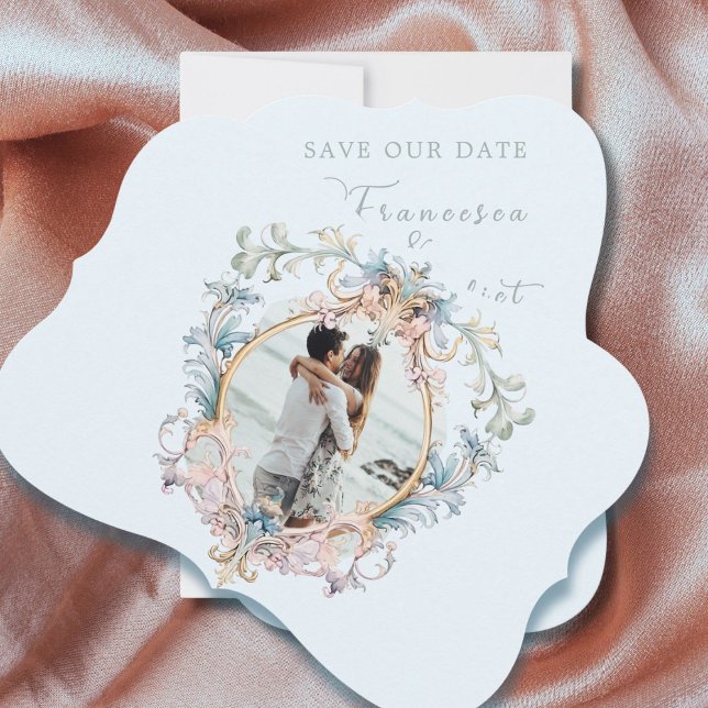 Wedding Regency Era Photo Blue Monogram  Save The Date (Creator Uploaded)