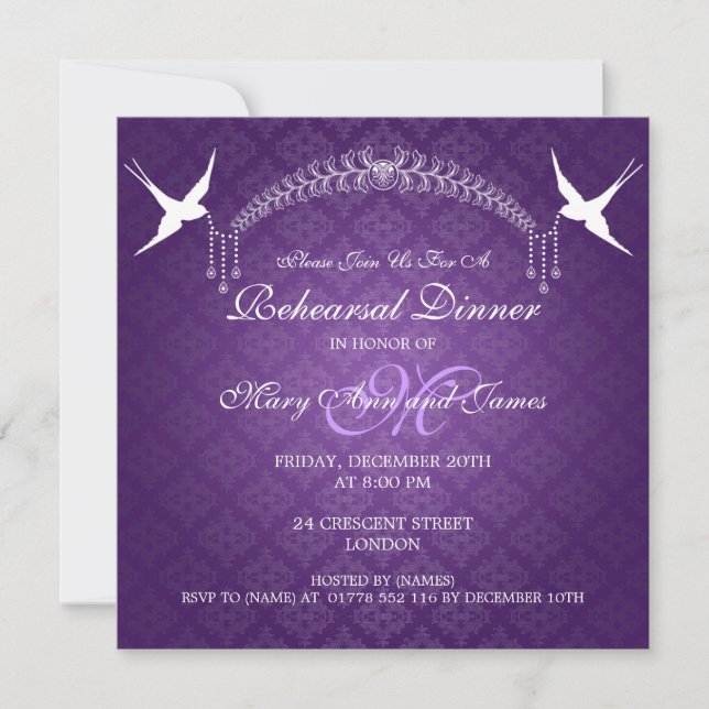 Wedding Rehearsal Dinner Birds Monogram Purple Invitation (Front)