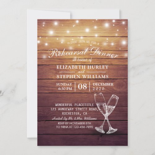 Wedding Rehearsal Dinner Champagne Glasses Wood Invitation