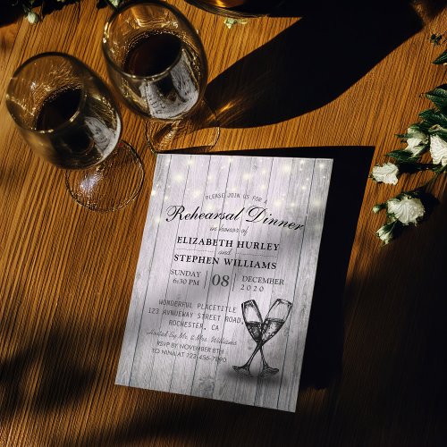 Wedding Rehearsal Dinner Champagne Glasses Wood Invitation