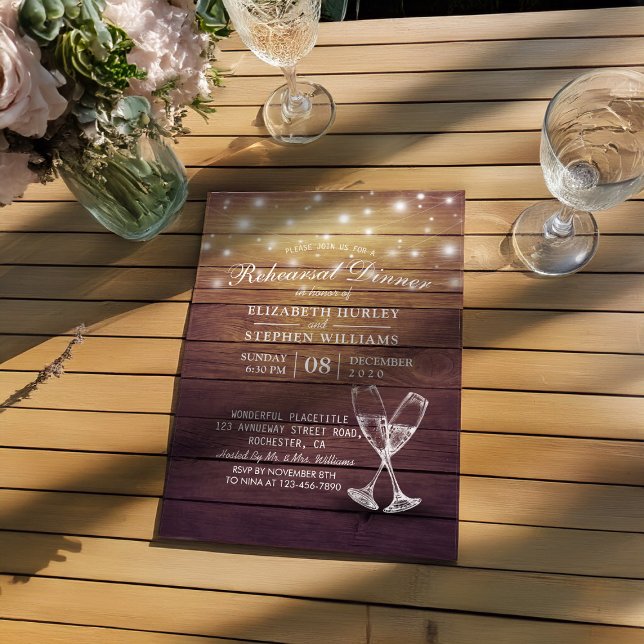 Wedding Rehearsal Dinner Champagne Glasses Wood Invitation (Creator Uploaded)