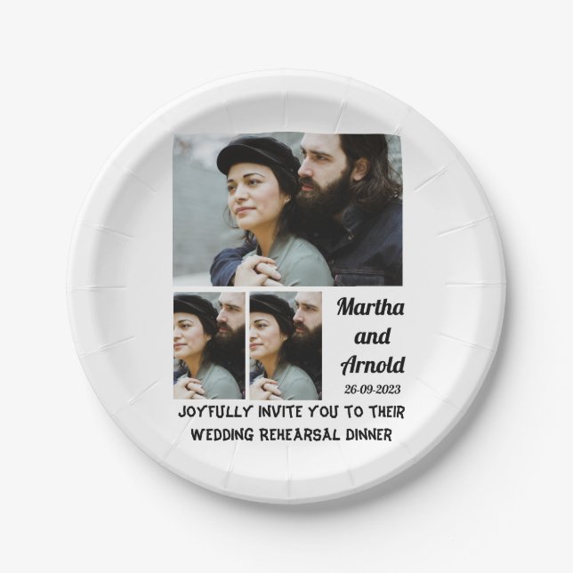 Wedding Rehearsal Dinner custom 3 Photo Collage  Paper Plates (Front)