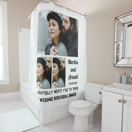 Wedding Rehearsal Dinner custom 3 Photo Collage  Shower Curtain