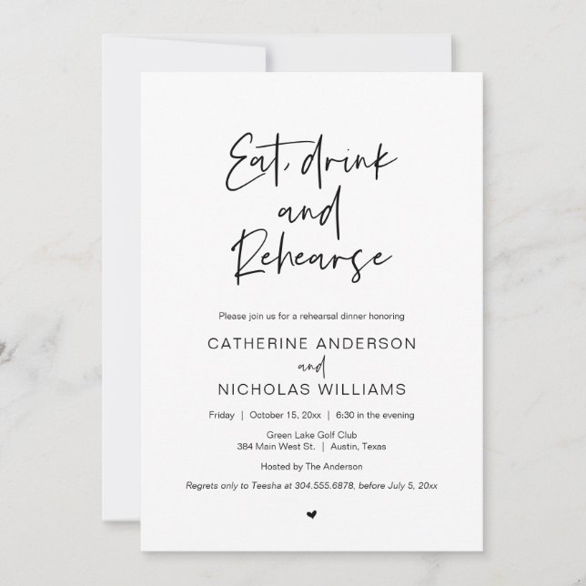 Wedding Rehearsal Dinner, Eat drink and rehearse Invitation (Front)