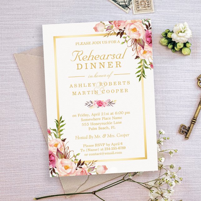Wedding Rehearsal Dinner Elegant Chic Gold Floral Invitation (Creator Uploaded)