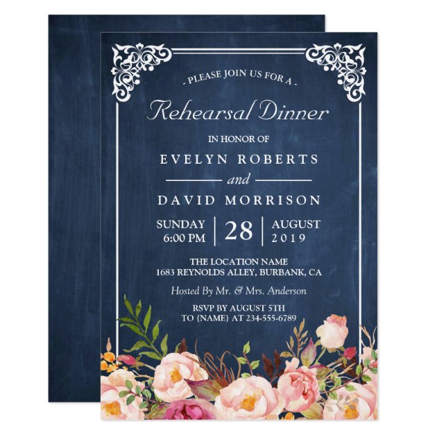 Wedding Rehearsal Dinner Floral Blue Chalkboard Invitation