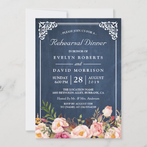 Wedding Rehearsal Dinner Floral Blue Chalkboard Card