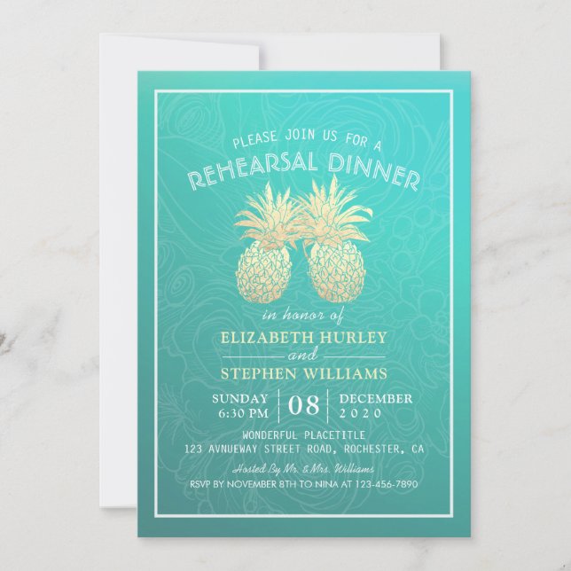 Wedding Rehearsal Dinner Golden Pineapple Couple Invitation (Front)