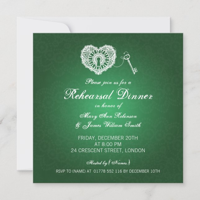 Wedding Rehearsal Dinner Grunge Hearts Green Invitation (Front)
