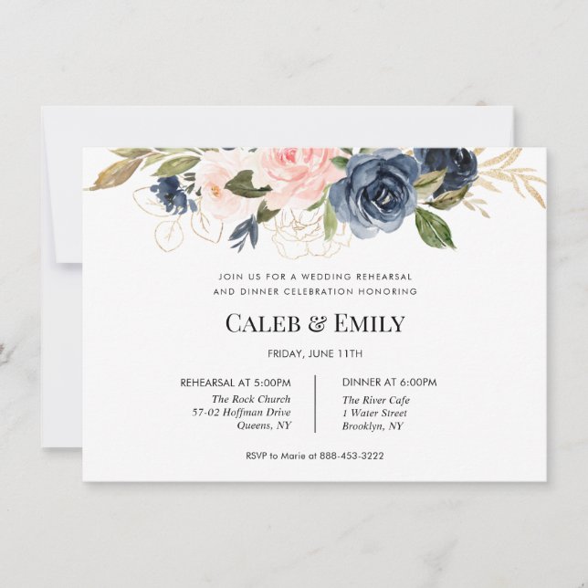 Wedding Rehearsal Dinner invite | Navy and Blush (Front)