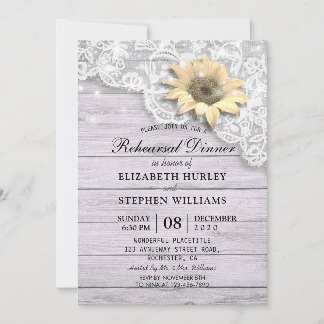 Wedding Rehearsal Dinner Lace Sunflower Wood Light Invitation (Front)