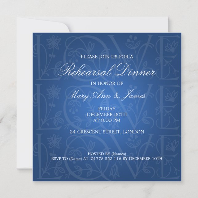 Wedding Rehearsal Dinner Love Flourish Blue Invitation (Front)