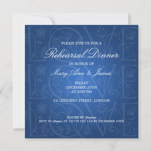 Wedding Rehearsal Dinner Love Flourish Blue Custom Announcement