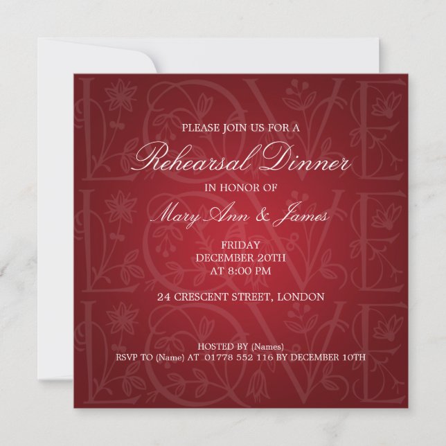 Wedding Rehearsal Dinner Love Flourish Red Invitation (Front)