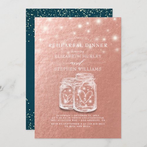 Wedding Rehearsal Dinner Mason Jars Rose Gold Foil Invitation