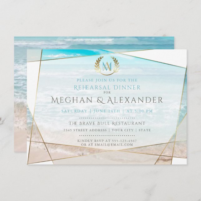 Wedding Rehearsal Dinner | Modern Monogram Beach Invitation (Front/Back)