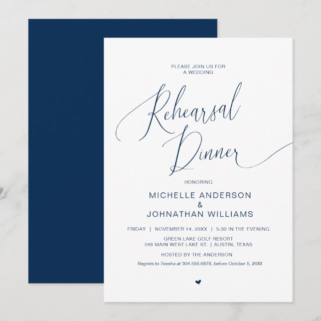Wedding Rehearsal Dinner, Modern Navy Blue Invitat Invitation (Front/Back)