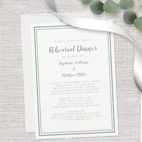 Wedding Rehearsal Dinner Modern Sage Green White Invitation