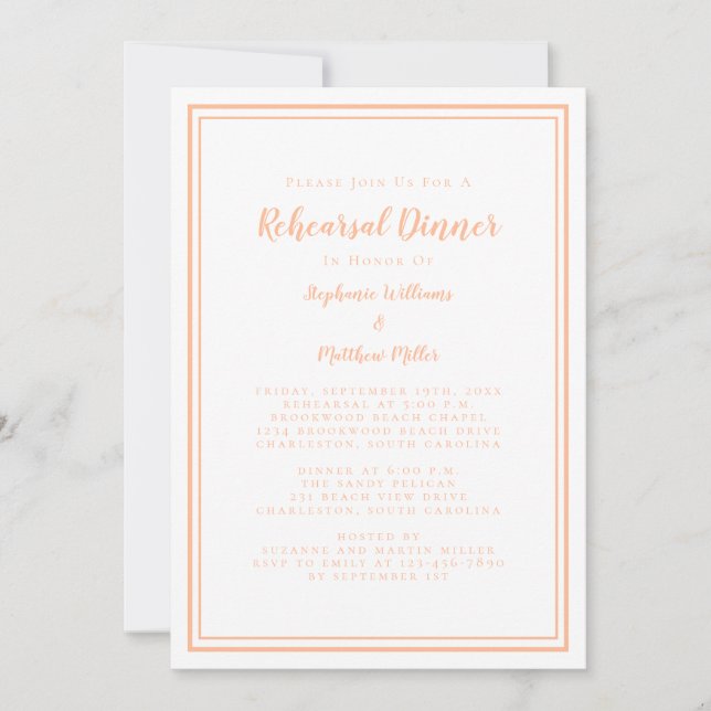 Wedding Rehearsal Dinner Modern Simple Peach White Invitation (Front)