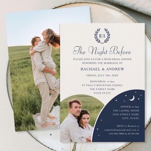 Wedding Rehearsal Dinner Monogram Photo Navy Blue Invitation