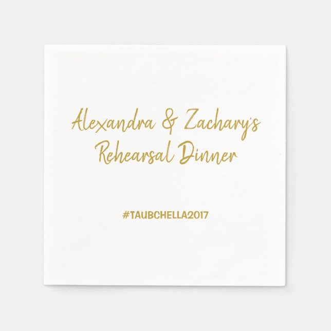 Wedding Rehearsal Dinner Napkins with Hashtag Gold (Front)