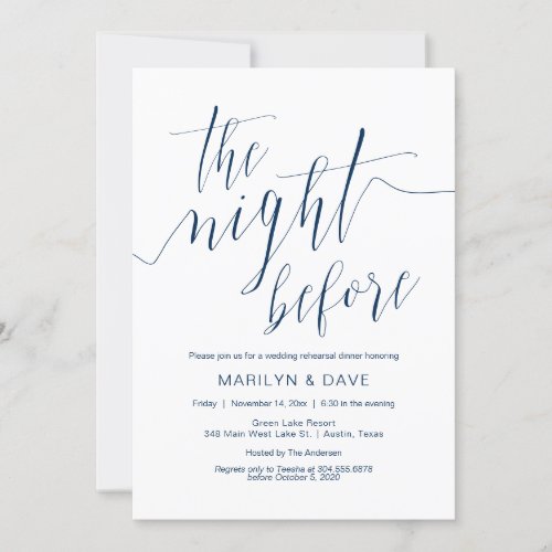 Wedding Rehearsal Dinner Navy Blue Calligraphy Invitation