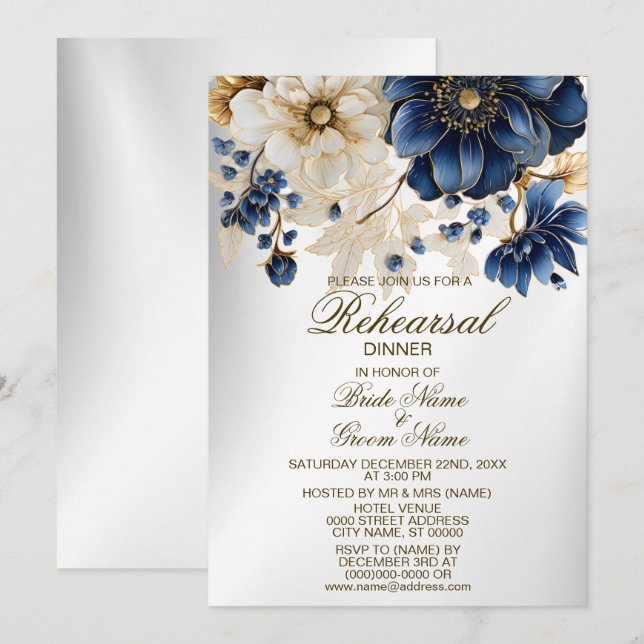 Wedding Rehearsal Dinner Navy Blue White Floral Invitation (Front/Back)