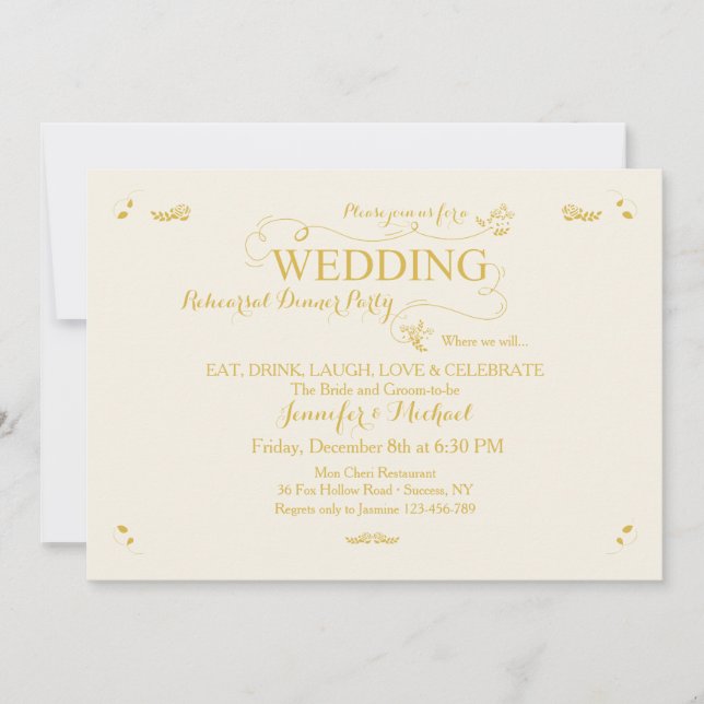 Wedding Rehearsal Dinner Party Invitation Cr/Gold (Front)