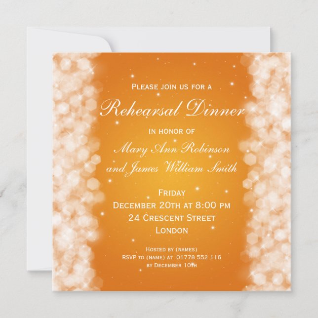 Wedding Rehearsal Dinner Party Sparkle Orange Invitation (Front)