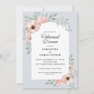 Wedding Rehearsal Dinner Peach Flowers Dusty Blue Invitation