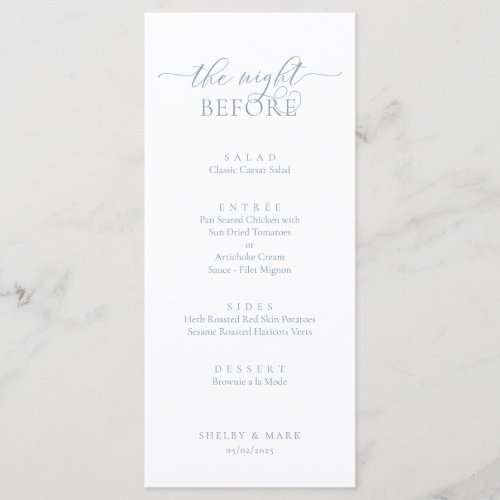 Wedding Rehearsal Dinner, Romantic Dusty Blue Menu