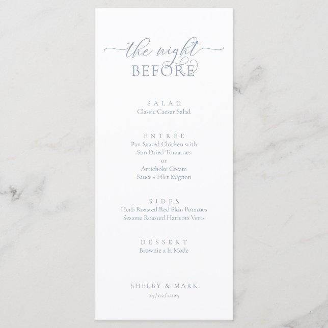 Wedding Rehearsal Dinner, Romantic Dusty Blue Menu (Front)