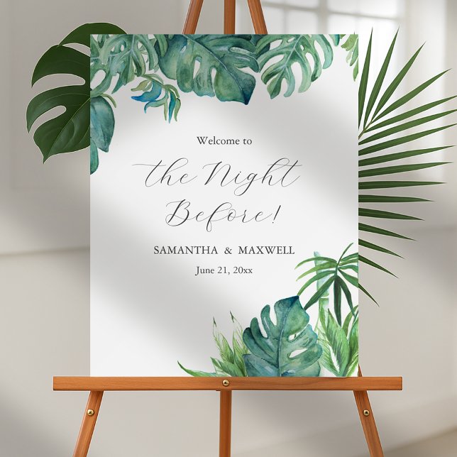 Wedding Rehearsal Dinner Signs Tropical Leaves (Rehearsal dinner signs watercolor palm leaves)