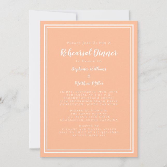 Wedding Rehearsal Dinner Simple Modern Peach White Invitation (Front)