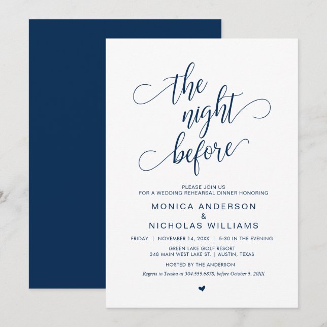 Wedding Rehearsal Dinner, Simple Navy Blue Script Invitation (Front/Back)