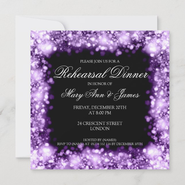 Wedding Rehearsal Dinner Sparkling Lights Purple Invitation (Front)